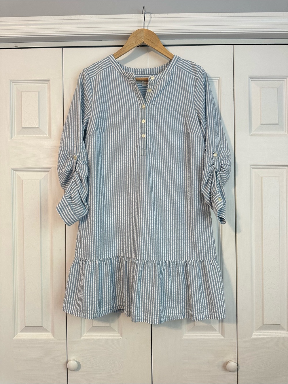 LOFT Blue & White Striped Button Dress, Small